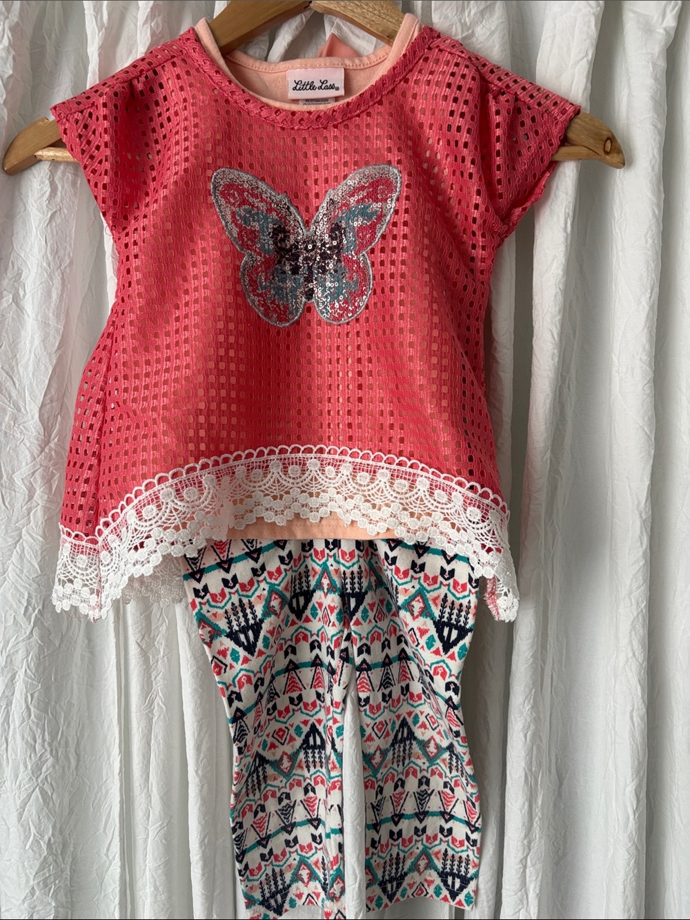 Little Lass Coral Pink Butterfly Lace-Hem Short Sleeve Top with Sequins